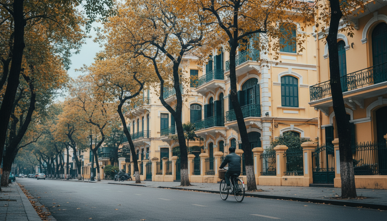 Hanoi street scene in autumngolden leaves on trees lining a quiet Ba nh street, a person on a bicycl