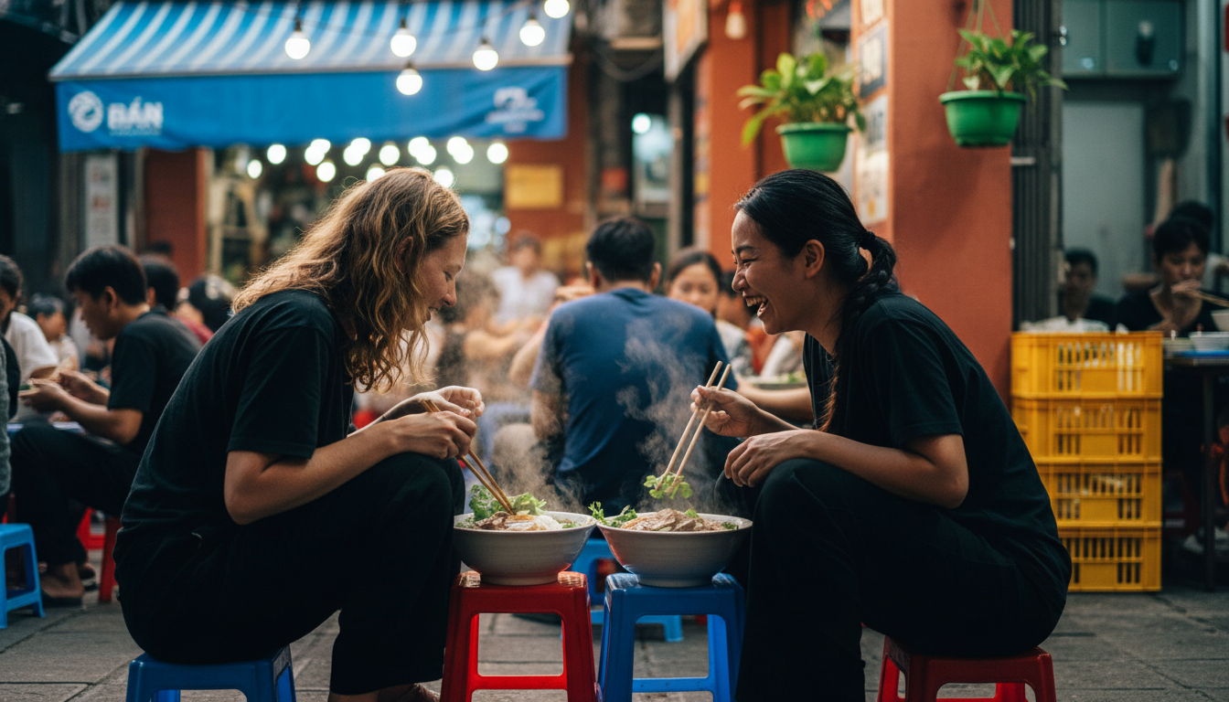 Two women laughing over ph at a tiny street-side restaurant in Hanoi, plastic stools, steam rising f