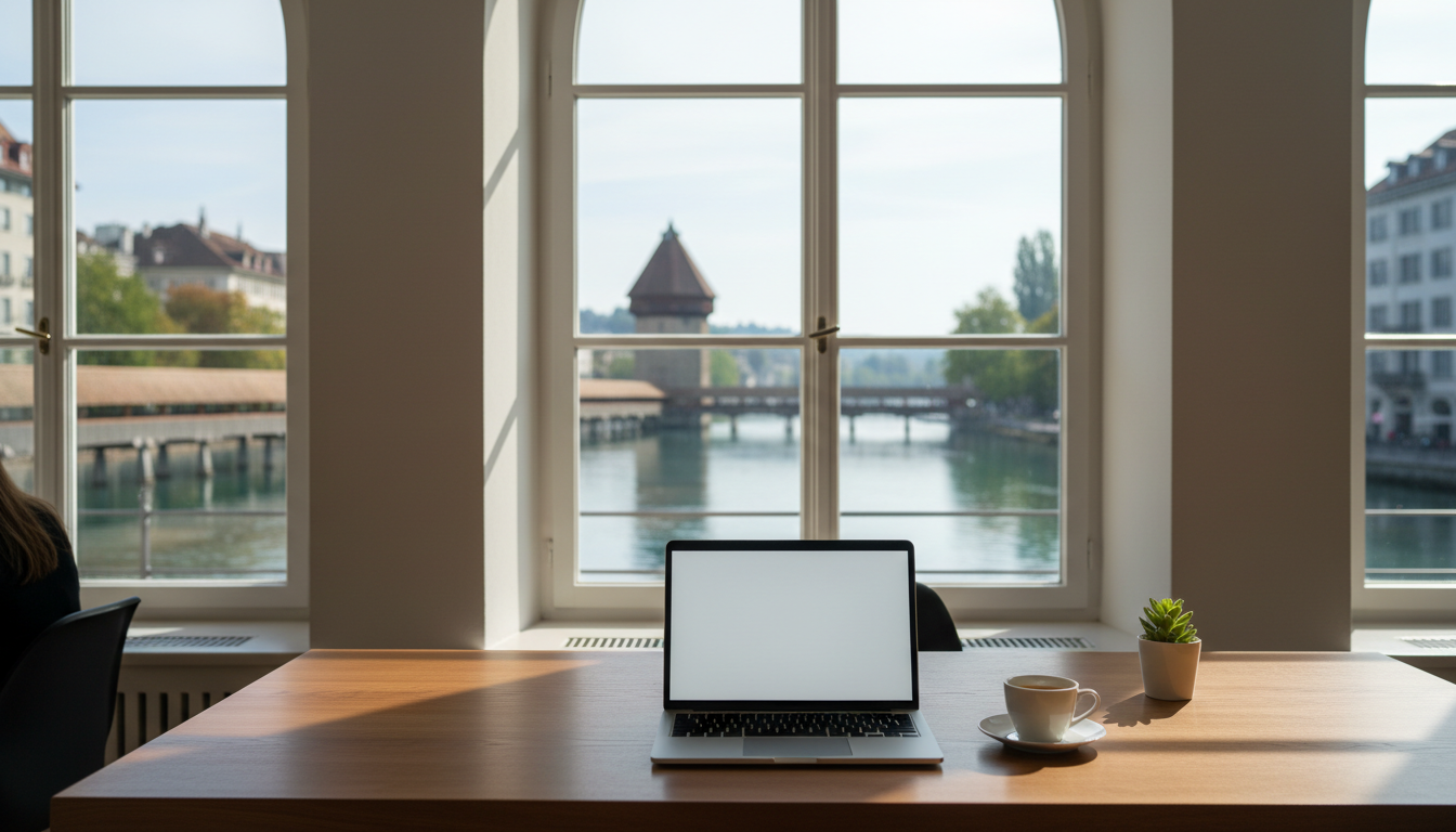 morning light streaming through tall windows onto a wooden desk with laptop, coffee cup, and view of