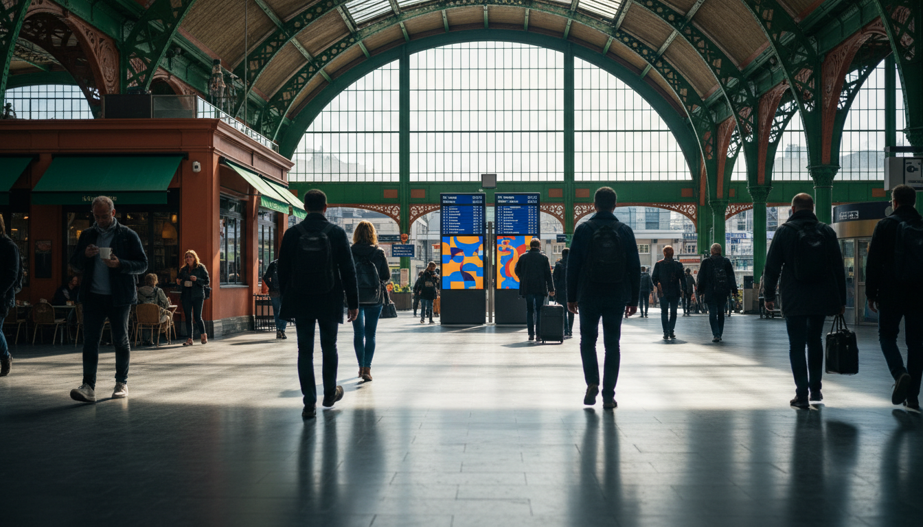 Lucernes train station interior with digital departure boards, morning commuters, and natural light