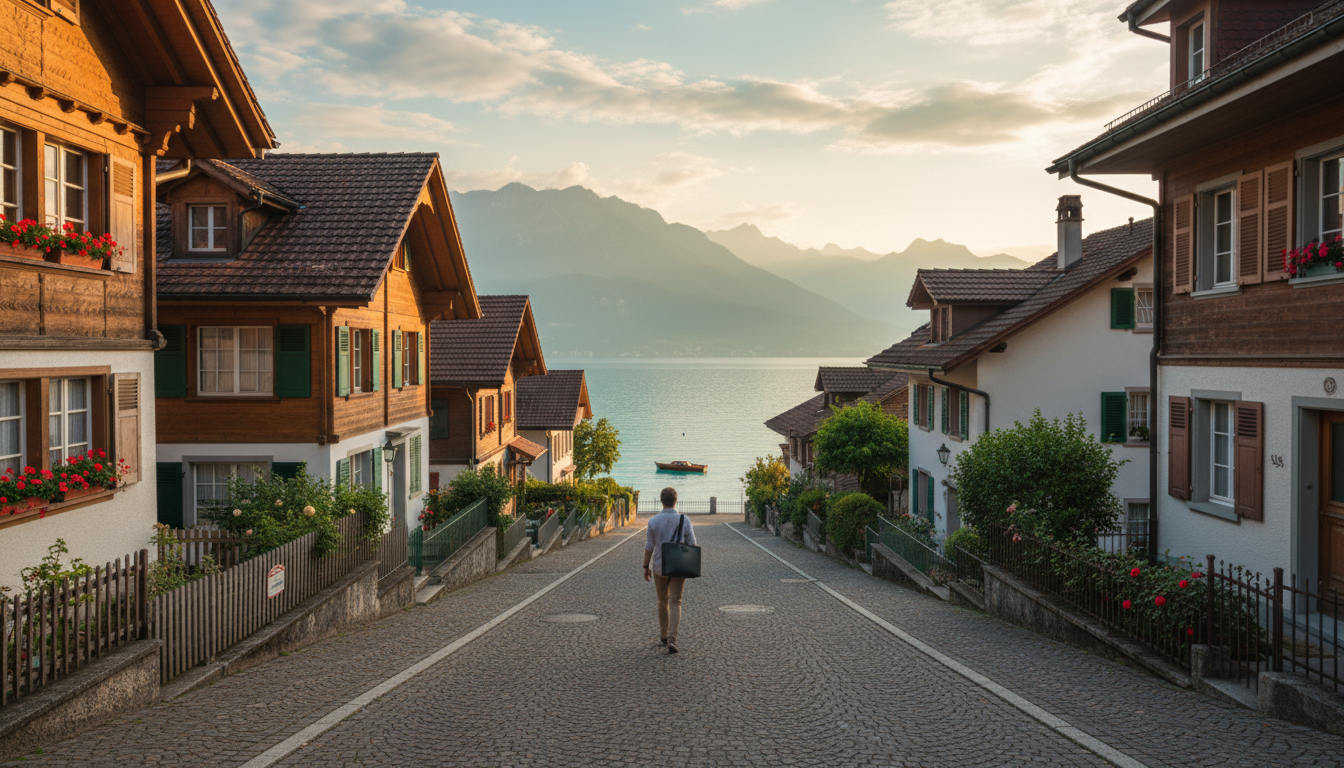 quiet residential street in Tribschen with traditional Swiss houses, lake visible at the end of the