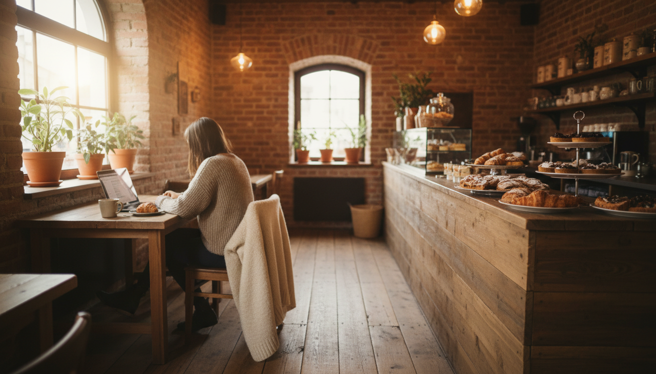 interior of a cozy Lucerne caf with exposed brick, wooden tables, person working on laptop near wind