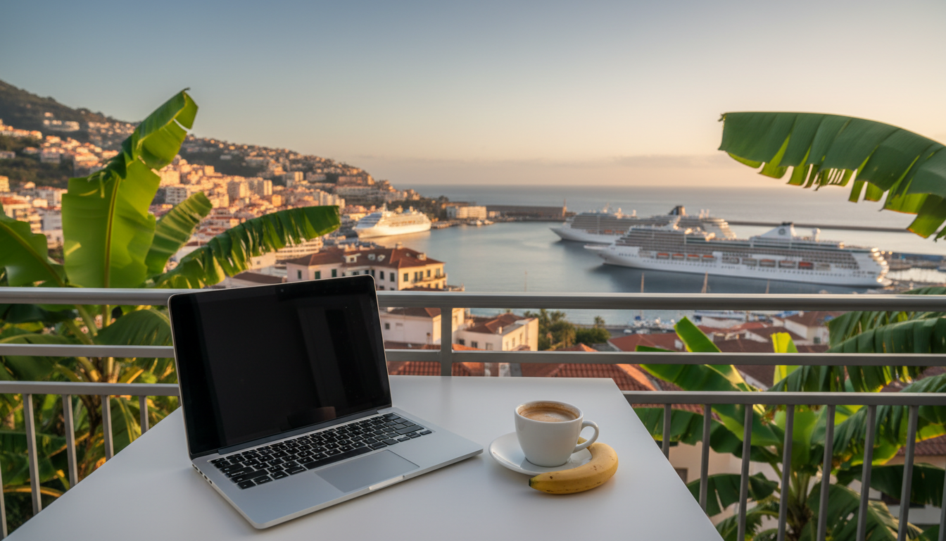 Morning view from a Funchal apartment balconylaptop on a small table, espresso cup, banana plants in