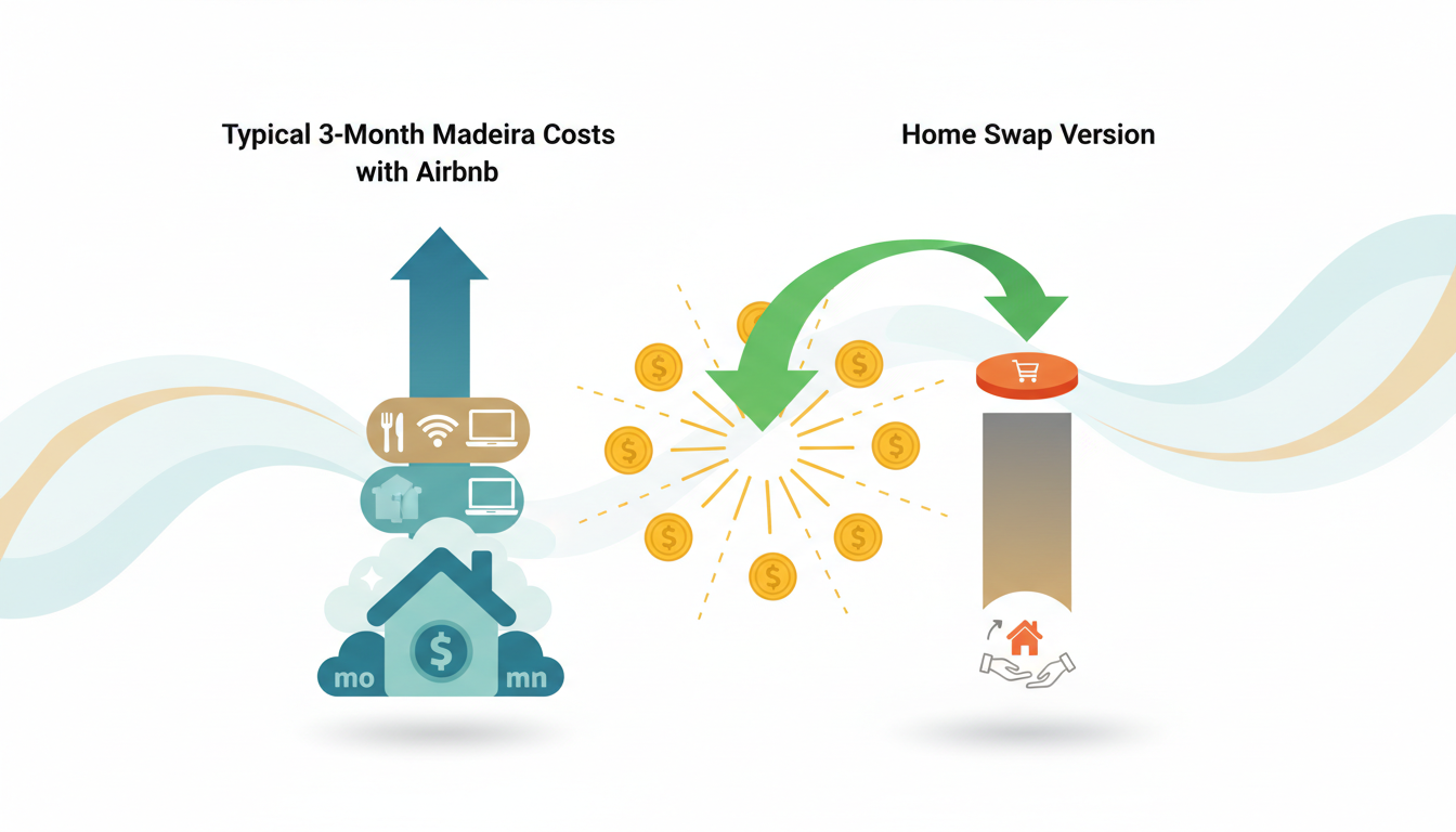 Side-by-side cost comparison infographicleft side shows typical 3-month Madeira costs with Airbnb 4,