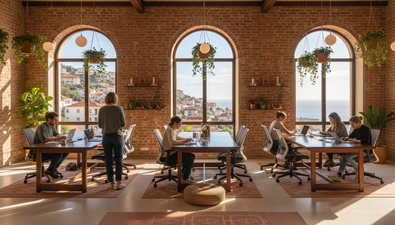 Interior of a Funchal coworking spaceexposed brick walls, large wooden tables with laptops, mix of p