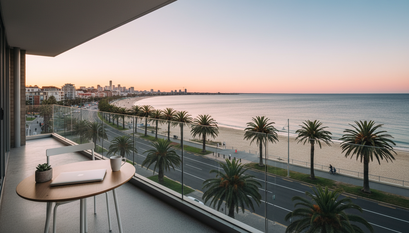 View from a St Kilda apartment balcony at golden hour, laptop closed on a small outdoor table, the E