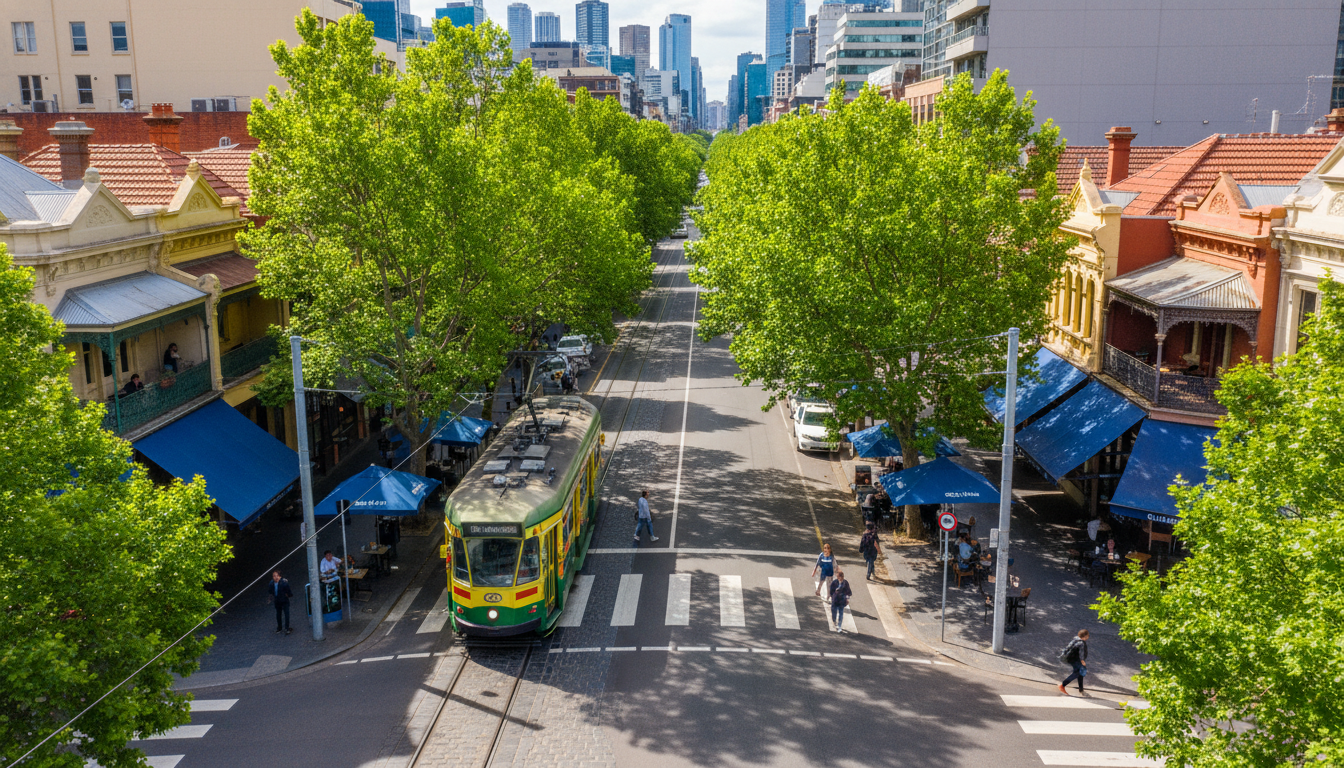 Aerial view of Melbournes iconic tram network, a green and yellow tram passing through a tree-lined