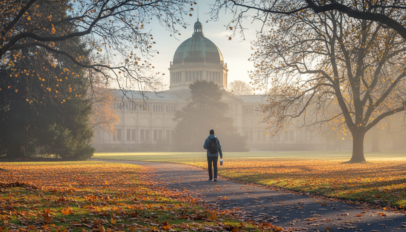 Autumn morning in Carlton Gardens, golden leaves covering the ground, Royal Exhibition Building dome