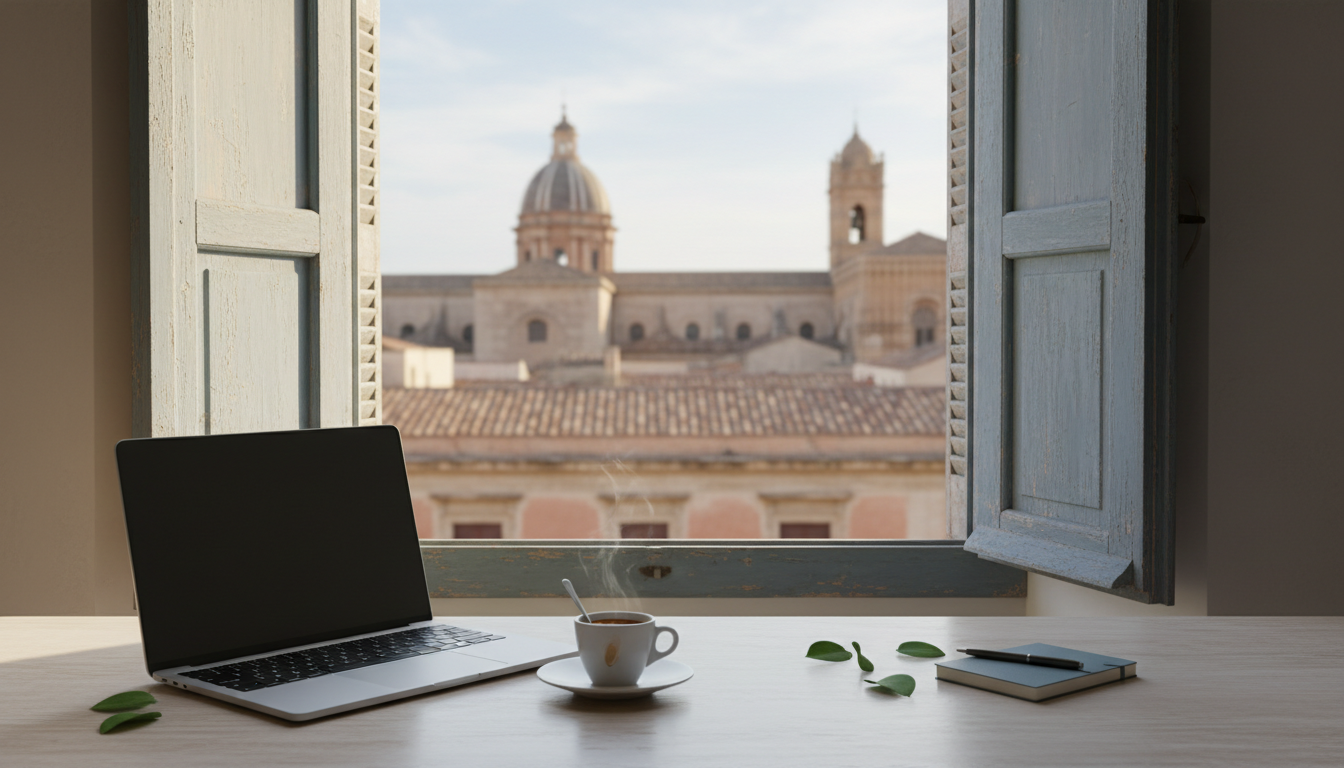 golden afternoon light streaming through ornate wooden shutters onto a laptop and espresso cup, with