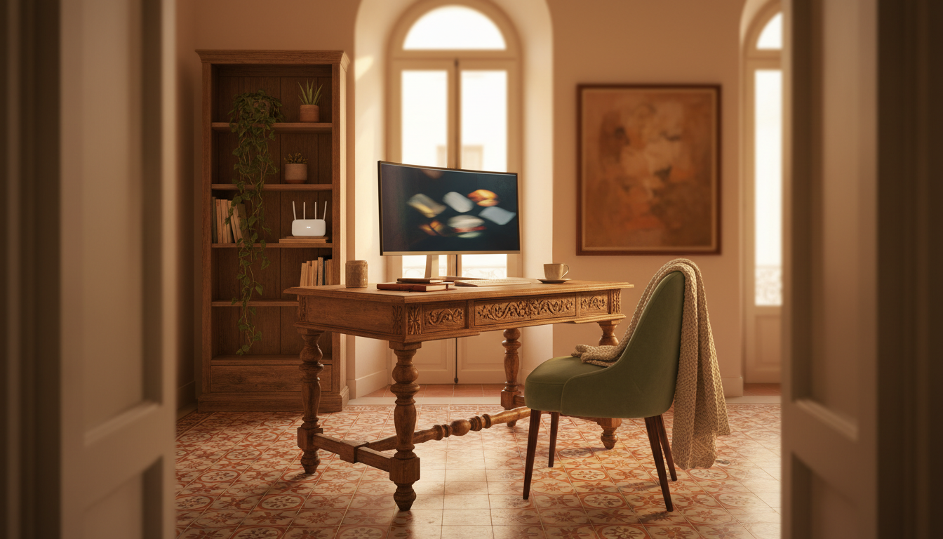 cozy home office setup in a traditional Palermo apartment with high ceilings, decorative tiles, and