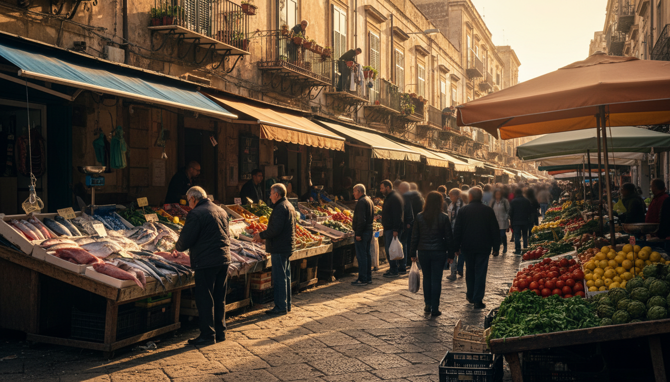 bustling Vucciria market at golden hour with vendors selling fresh fish and produce, colorful awning