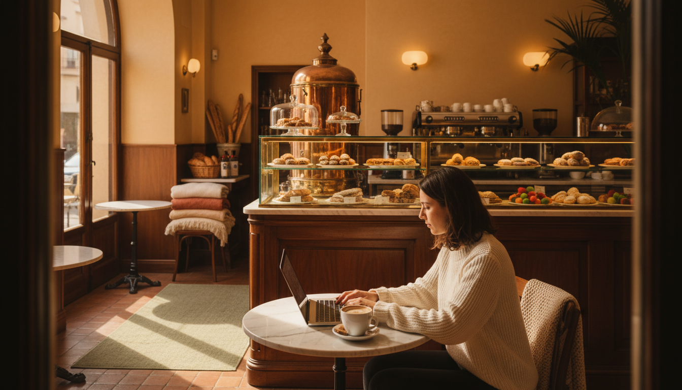 interior of an elegant Palermo caf with marble tables, vintage espresso machine, and a digital nomad