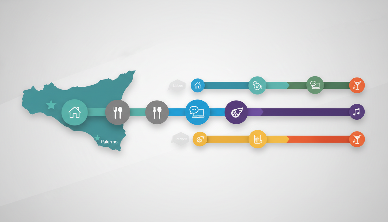 infographic showing Palermo cost of living breakdown for digital nomads with icons for housing, food