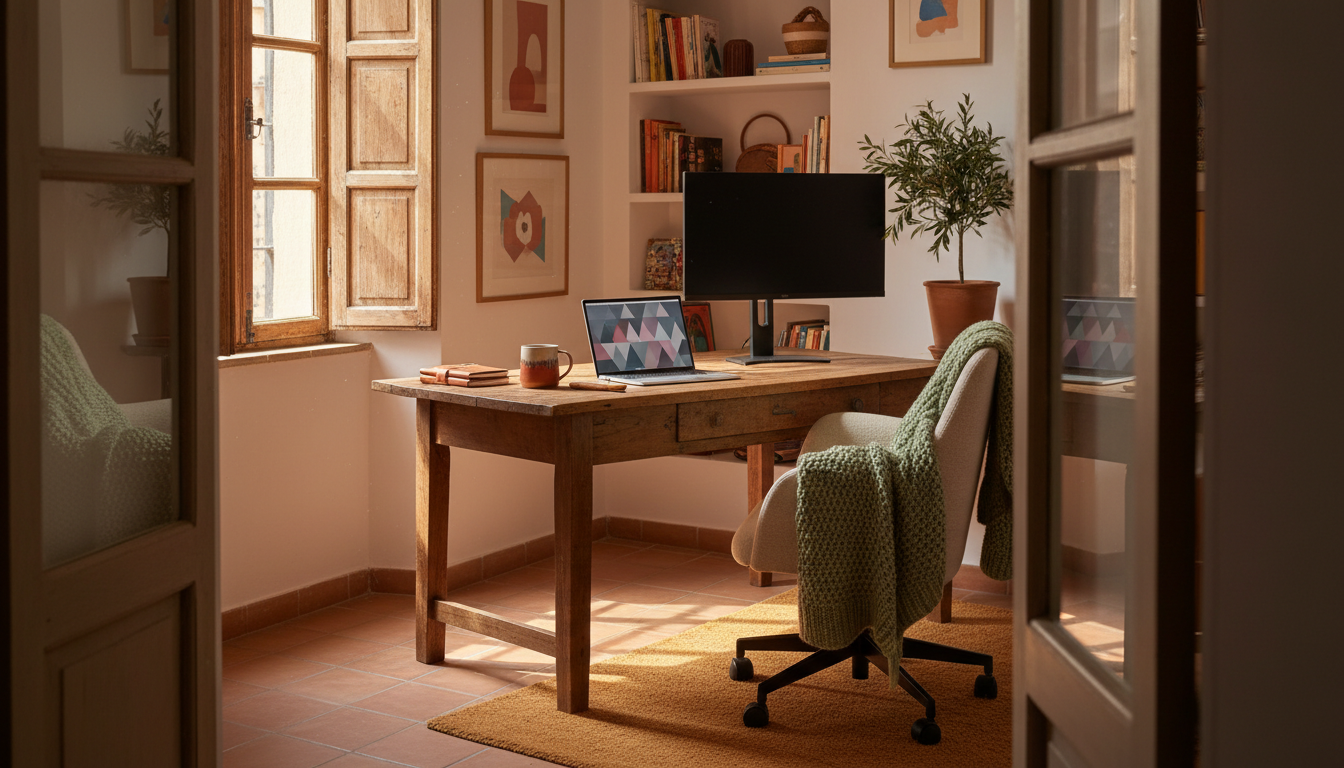 Cozy home office corner in a Seville apartment showing a laptop, second monitor, ergonomic chair, an