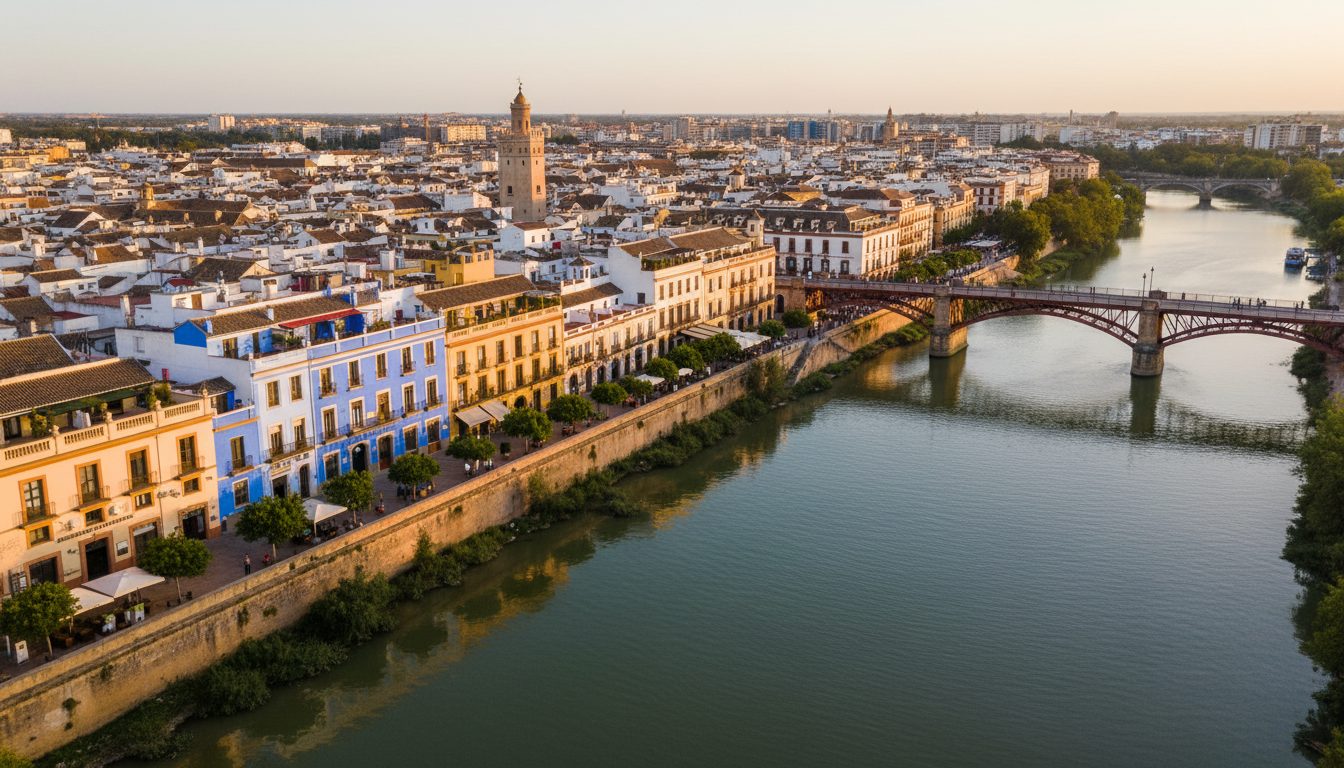 Aerial view of Triana neighborhood at golden hour, showing the colorful buildings along the Guadalqu