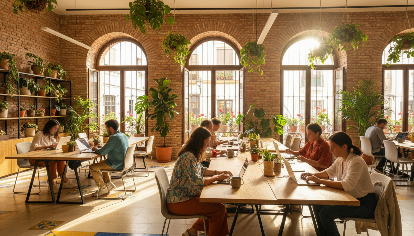 Interior of a bright Seville coworking space with exposed brick walls, plants, wooden desks, and dig