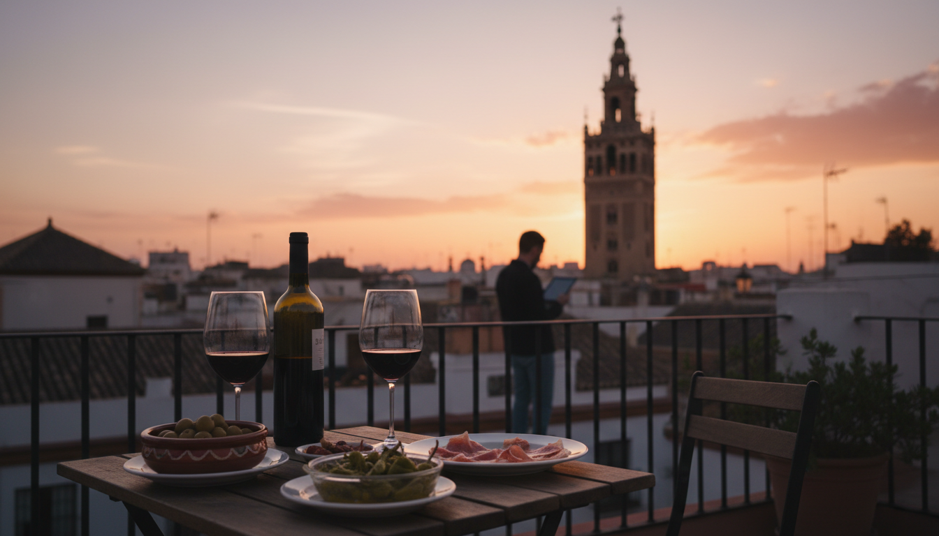 Sunset view from a Seville rooftop terrace with the Giralda tower silhouetted against an orange and