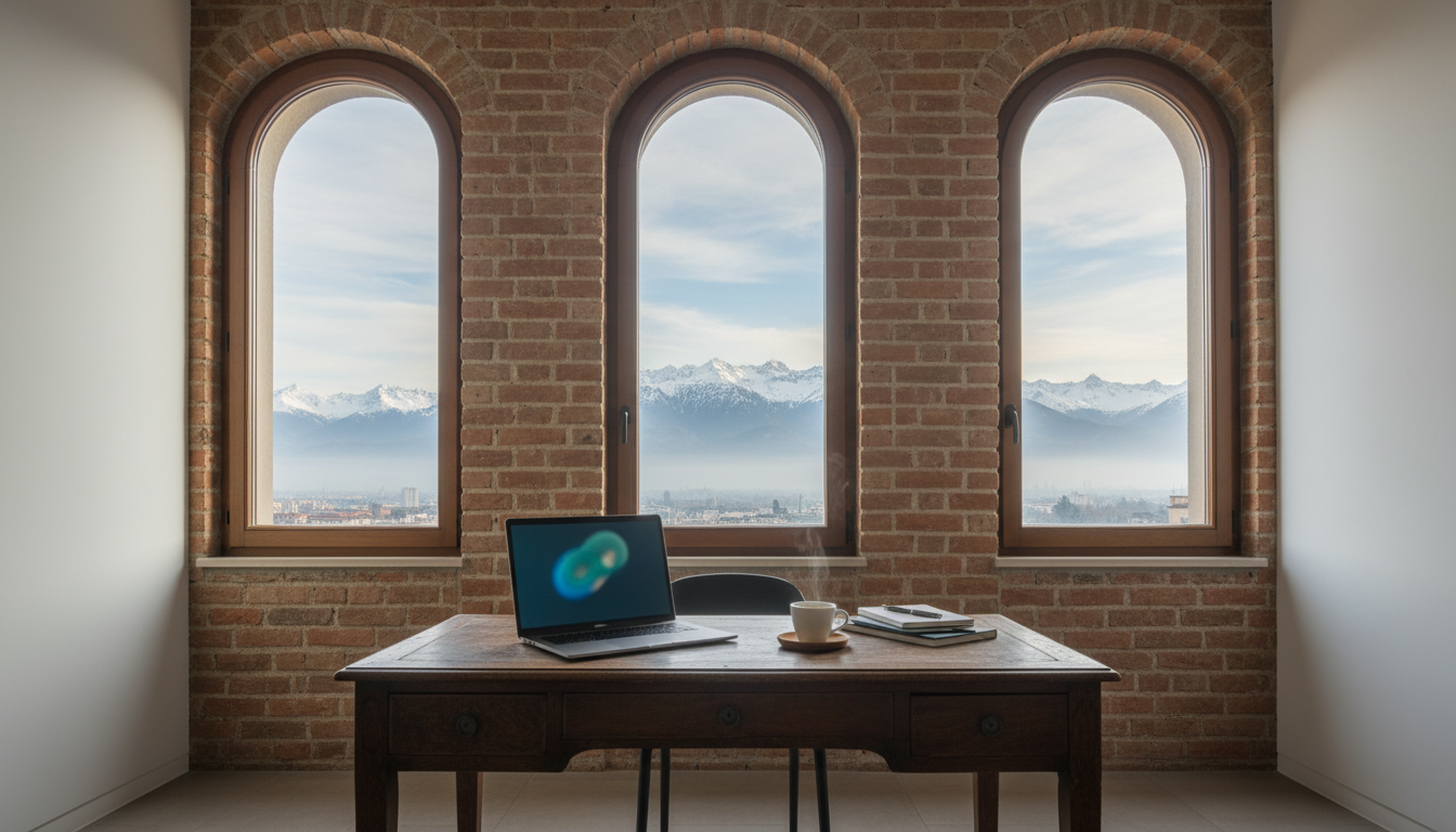 Morning light streaming through tall windows of a Turinese apartment with exposed brick walls, a lap