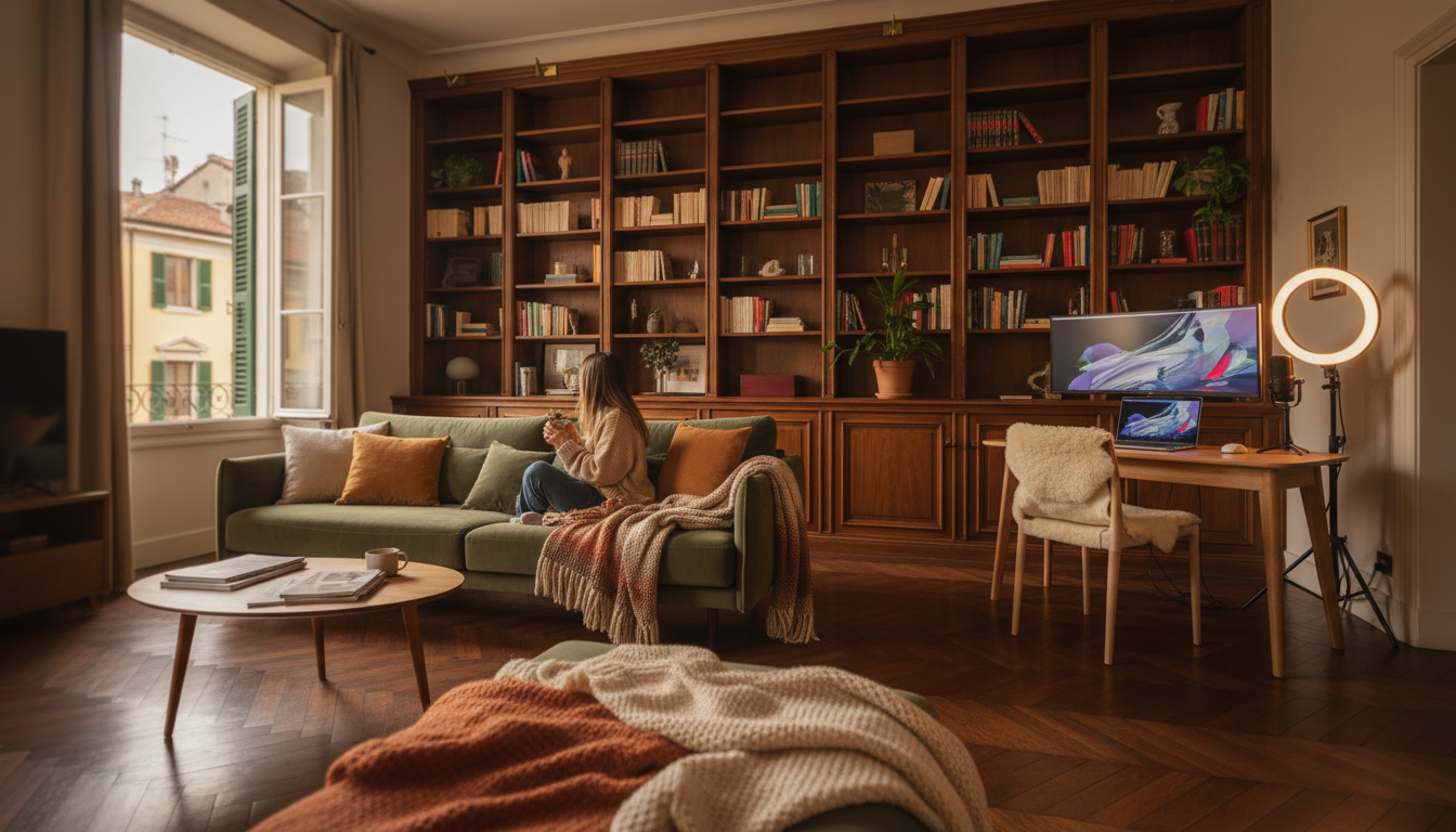 Cozy living room in a classic Turinese building with herringbone parquet floors, floor-to-ceiling bo