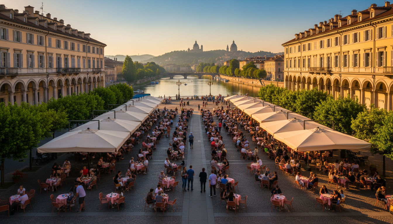 Aerial view of Turins Piazza Vittorio Veneto at golden hour, with the Po River in the background, ou