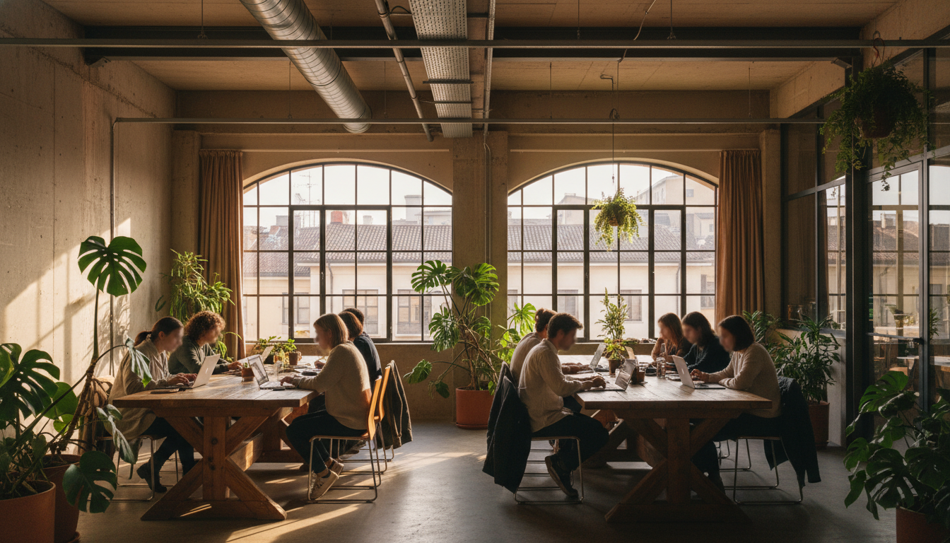 Interior of Toolbox Coworking in Turin showing exposed industrial architecture, long wooden communal
