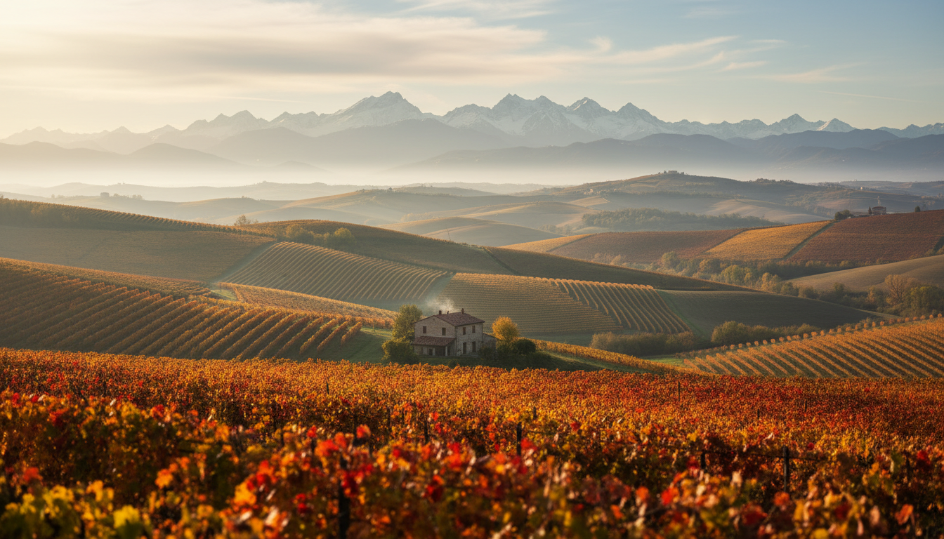Rolling hills of the Langhe wine region at sunset, rows of grapevines in autumn colors, a small ston