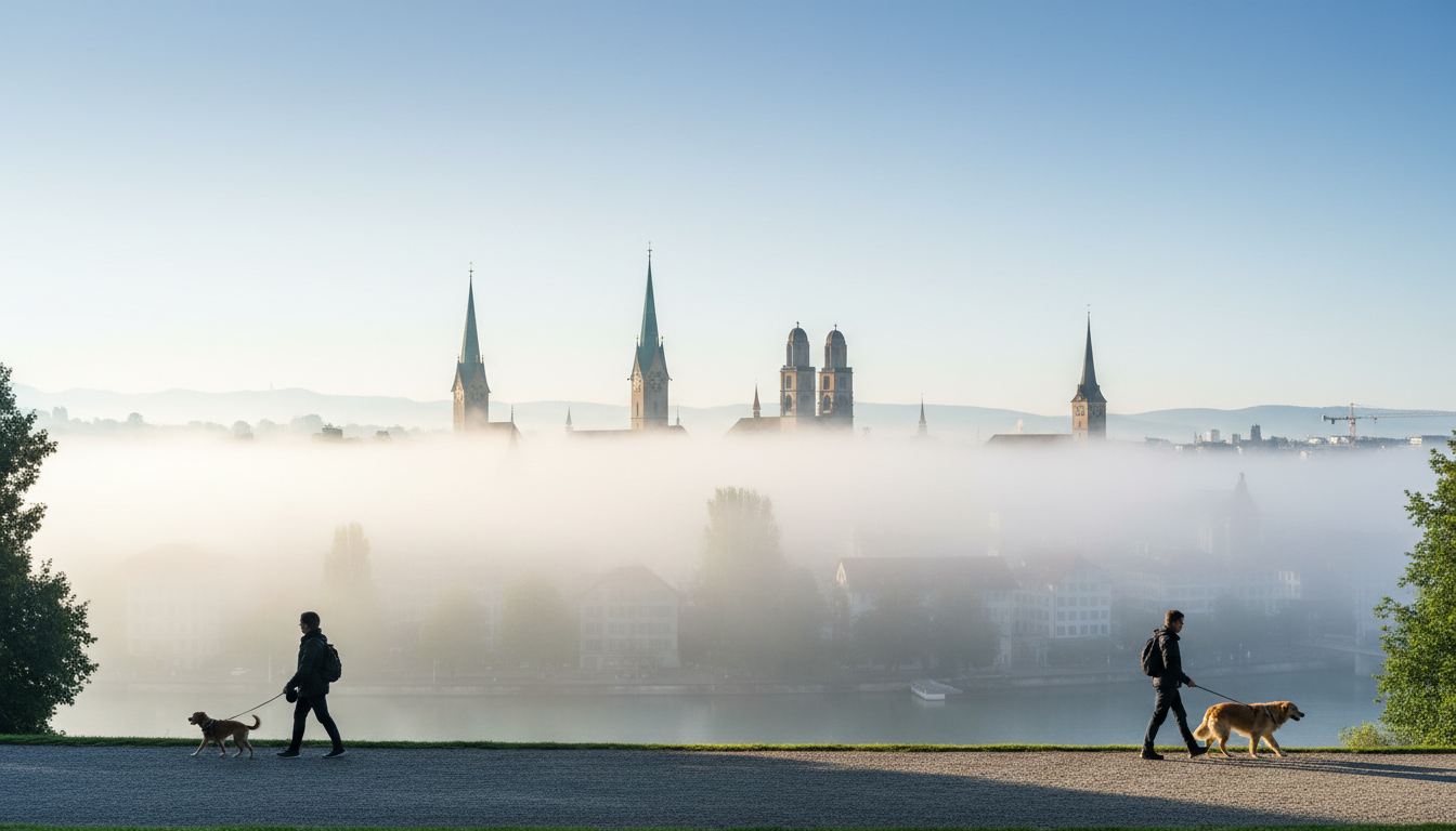 Early morning view from Lindenhof hill overlooking Zurichs old town with mist rising from the Limmat