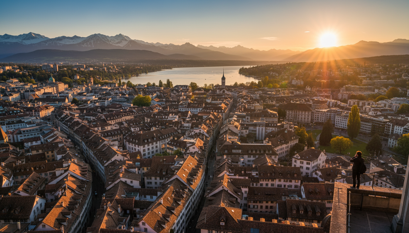 View from Grossmnster tower at golden hour showing Zurichs terracotta rooftops, the lake stretching