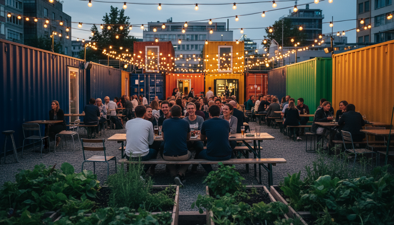 Frau Gerolds Garten at dusk with string lights illuminating colorful shipping containers, people gat