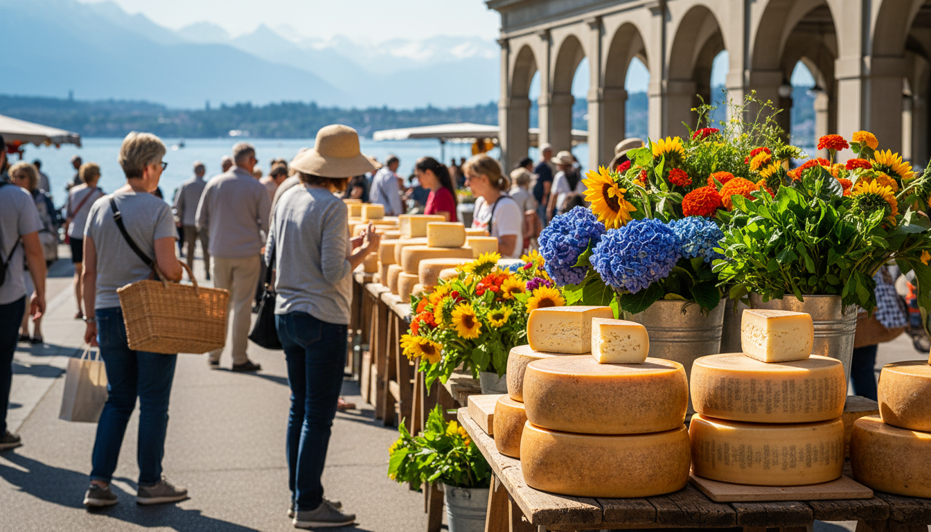 Brkliplatz Saturday market bustling with locals, wheels of Alpine cheese stacked on wooden tables, f