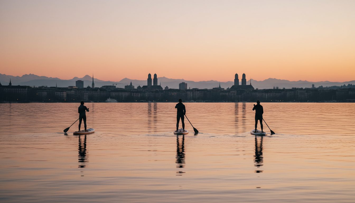 Stand-up paddleboarders on Lake Zurich at sunset, city skyline in background, orange and pink sky re